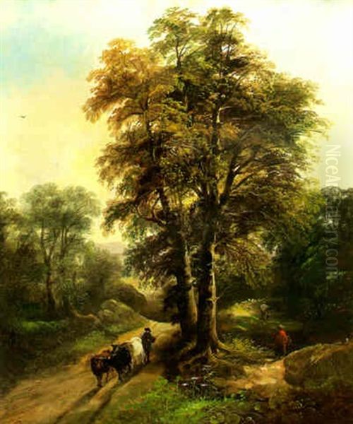 Country Lane With A Cowherd, Cattle And Figures Walking Beside Oil Painting by Joseph Barker