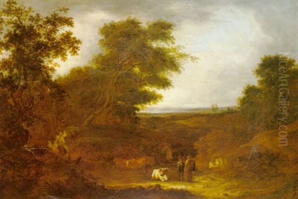 Drovers And Their Cattle In A Coastal Landscape Oil Painting by Joseph Barker