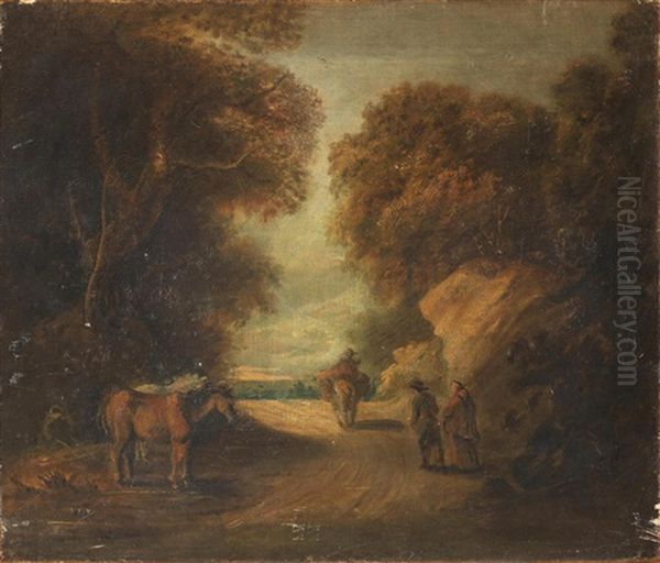 Travellers On A Country Path; And A Figure On Horseback Crossing A Stream With A Dog, A Pair Oil Painting by Thomas Barker