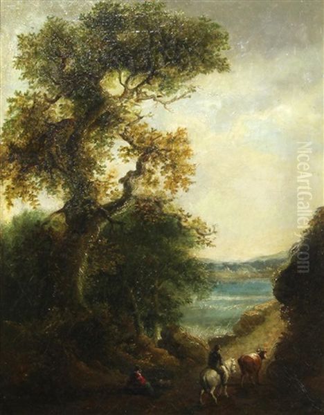 Figures And Horse Along A Lake Path Oil Painting by Thomas Barker