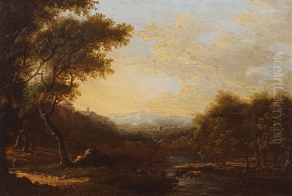 Italianate Mountain And River Landscape, With A Figure And Cows In The Foreground Oil Painting by Thomas Barker