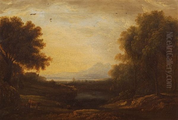 Italianate Riverscape With Figures In A Boat And Cows In The Foreground Oil Painting by Thomas Barker