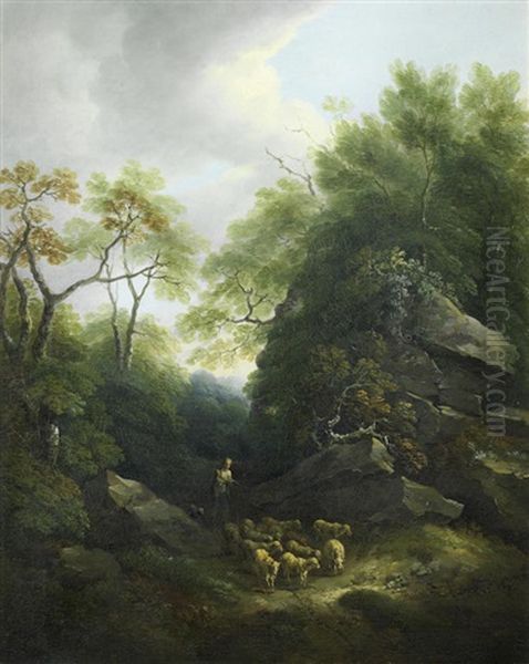 A Rocky Wooded Landscape With A Shepherd And His Flock On A Path Oil Painting by Thomas Barker