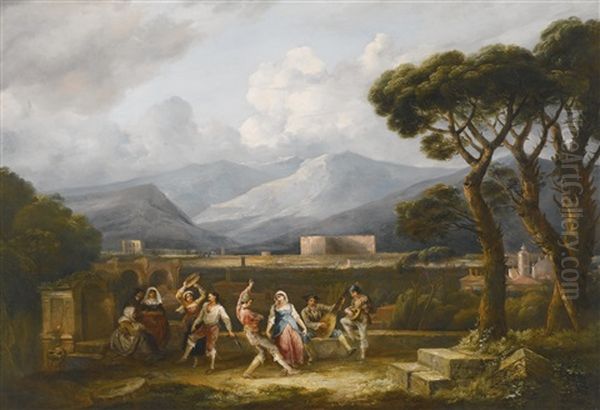 Figures Dancing The Saltarello, With A Capriccio Of Rome Oil Painting by Thomas Barker