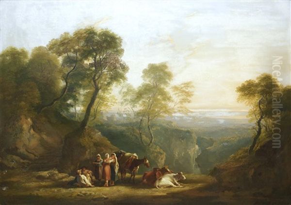 An Extensive Landscape With Figures Resting With Cattle Oil Painting by Thomas Barker