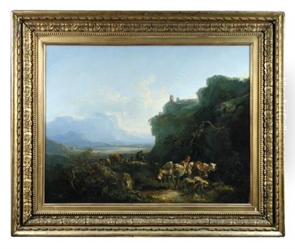 Country Folk And Livestock In An Extensive Mountainous River Landscape Oil Painting by Thomas Barker