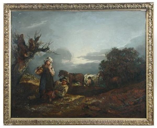 Peasant Children By A Heavy Horse Team In The Fields; And Peasant Children On Donkeys In A Landscape (a Pair) by Thomas Barker