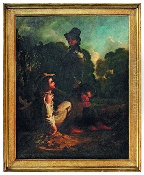 Three Children Resting By A Tree Trunk In A Wooded Landscape Oil Painting by Thomas Barker