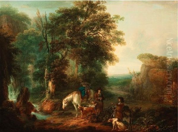 Figures With Dogs And Horse In A Wooded Landscape by Thomas Barker