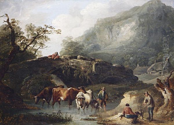 Italianate Landscapes With Figures And Cattle Watering (pair) Oil Painting by Thomas Barker