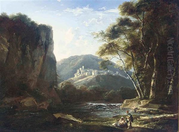 A Wooded River Landscape With Figures Resting On A Path, A City Beyond Oil Painting by Thomas Barker