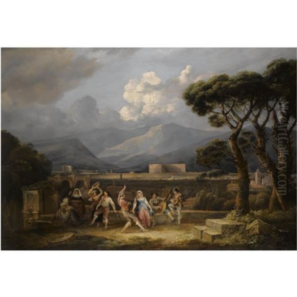 The Saltarello, With A View Of The Colosseum, Rome Oil Painting by Thomas Barker