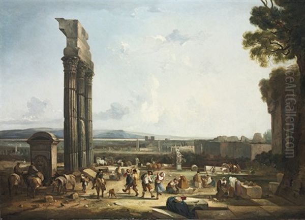 An Extensive Capriccio Landscape With Peasants Oil Painting by Thomas Barker