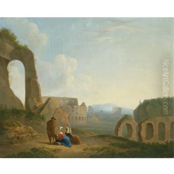 A Roman Capriccio With Figures, The Colosseum Beyond Oil Painting by Thomas Barker