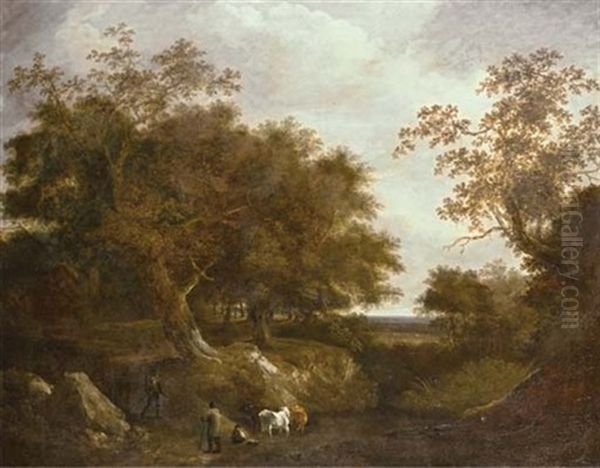 Travelers On A Path With Cattle Watering At A Pond In A Wooded Landscape Oil Painting by Thomas Barker