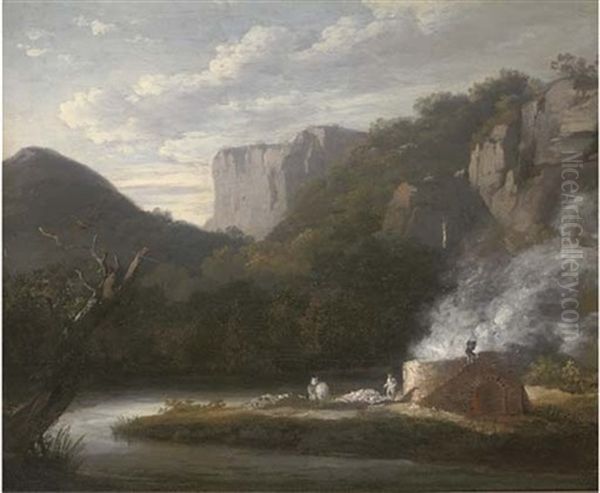 A Lime Kiln In A Wooded River Valley Oil Painting by Thomas Barker