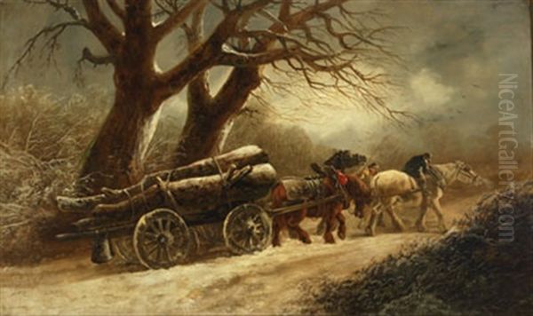 Rustics Driving A Timber Wagon Through Snow Oil Painting by Thomas Barker