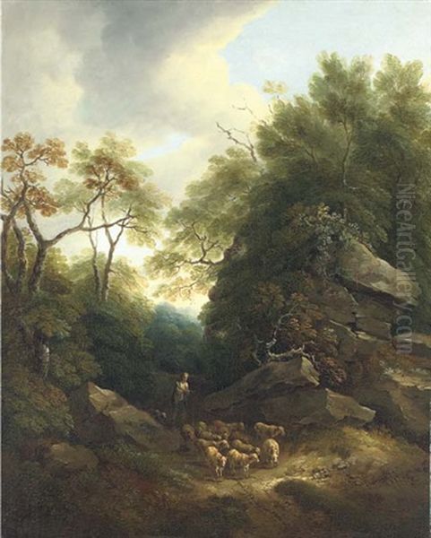 A Rocky Wooded Landscape With A Shepherd And His Flock On A Path Oil Painting by Thomas Barker