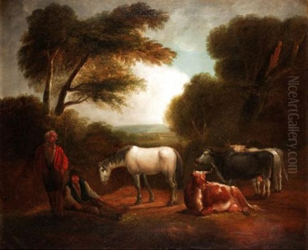 Figures With Cattle And A Horse Oil Painting by Thomas Barker