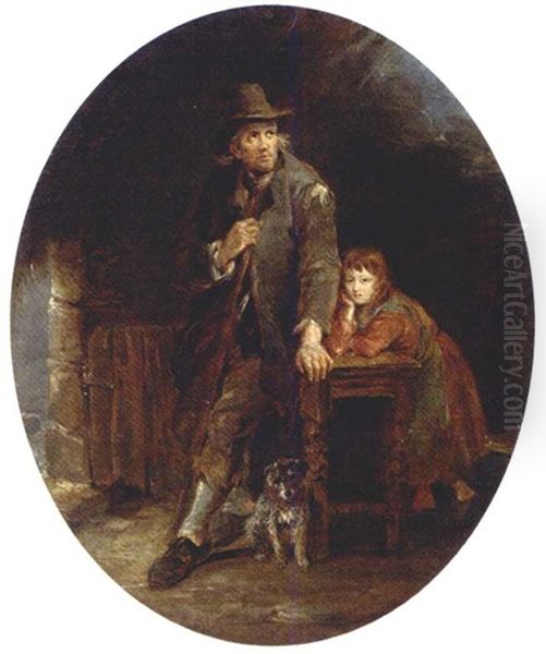 A Man And His Daughter, With A Dog, In A Rustic Interior Oil Painting by Thomas Barker