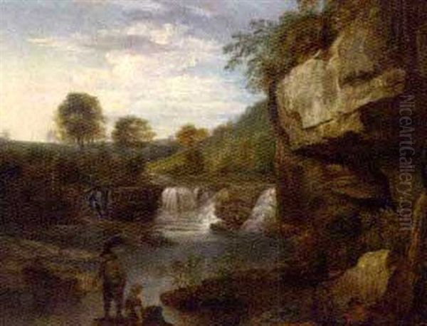 Figures On The Bank Of A River In A Rocky Gorge Oil Painting by Thomas Barker