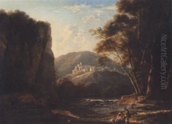 Classical Landscape With Figures Resting By A Stream Oil Painting by Thomas Barker