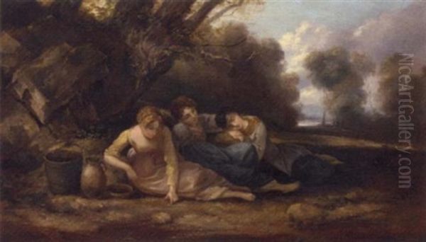 Three Girls Resting In A Landscape by Thomas Barker