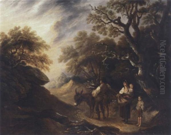 A Wood Gatherer And His Family Loading A Donkey In An Extensive Landscape Oil Painting by Thomas Barker