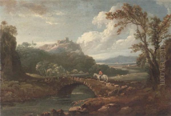 A Wooded River Landscape With A Traveller On Horseback Crossing A Bridge, A Hilltop Town Beyond Oil Painting by Thomas Barker