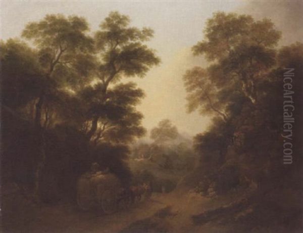 A Rocky Wooded Landscape With A Haycart On A Country Track Oil Painting by Thomas Barker