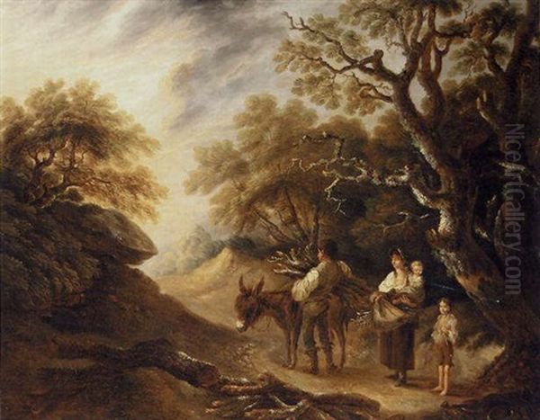 A Wood Gatherer And His Family Loading A Donkey In An Extensive Landscape Oil Painting by Thomas Barker