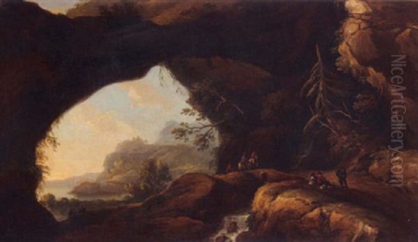 Travellers In A Rocky Landscape With A River And Mountains Beyond Oil Painting by Thomas Barker