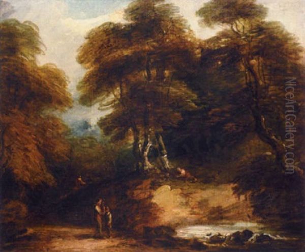 Rustic Landscape With Figures By A Stream Oil Painting by Thomas Barker