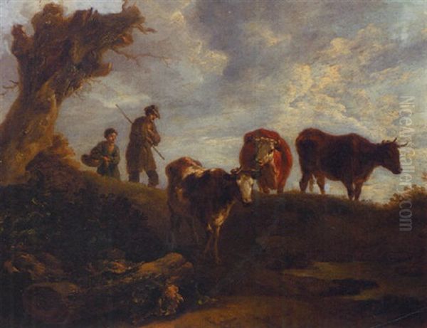 Cowherds Fording Cattle By A Pool Near A Pollard Willow Oil Painting by Thomas Barker