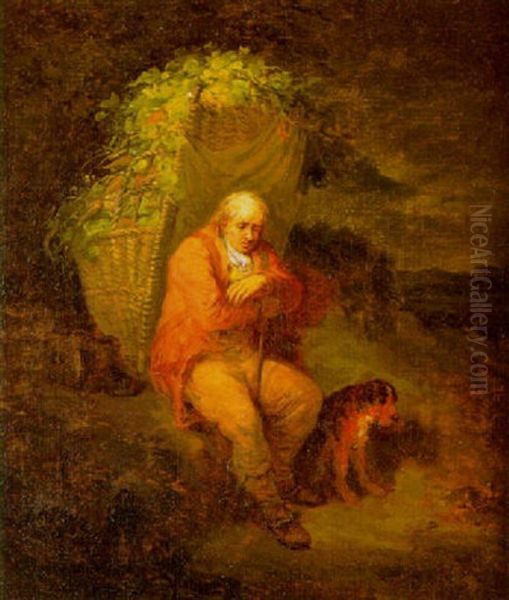 An Old Man Resting With A Basket Of Vegetables On His Back And A Dog By His Side Oil Painting by Thomas Barker