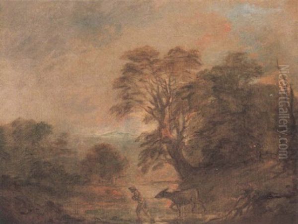 Landscape With A Rustic Leading A Donkey Across A Stream At Dusk Oil Painting by Thomas Barker