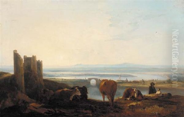 Figures And Cattle Resting Before A River Estuary At Sunset Oil Painting by Thomas Barker