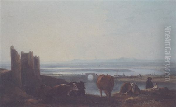 Cattle Resting In An Estuary Landscape Oil Painting by Thomas Barker