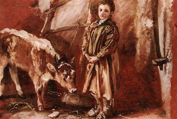 A Small Boy Wearing A Smock Standing By A Tethered Calf Oil Painting by Thomas Barker