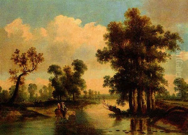 Travellers Crossing A River In A Wooded Landscape Oil Painting by Thomas Barker