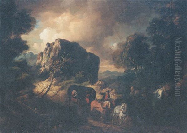 Travellers In A Horse Drawn Cart In A Storm In A Wooded Landscape Oil Painting by Thomas Barker