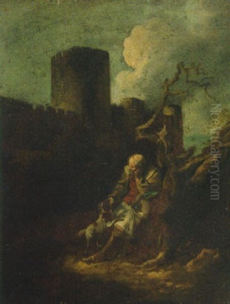 A Traveller And His Dog On A Path, A Castle Beyond Oil Painting by Thomas Barker