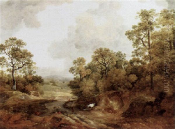 A Wooded Landscape With Shepherds And Cows Oil Painting by Thomas Barker