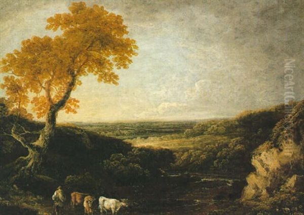 A Heath Landscape With A Herdsman And Cattle By A River In The Foreground Oil Painting by Thomas Barker