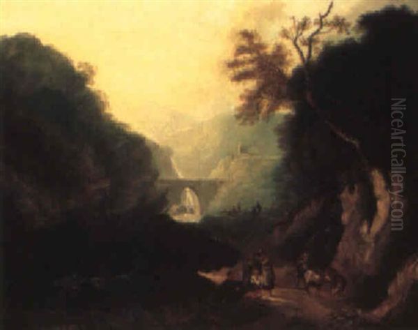 Rustics In A Mountainous Landscape Oil Painting by Thomas Barker