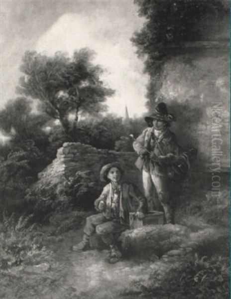 Travelling Boys With Performing Mice, In A Landscape Oil Painting by Thomas Barker