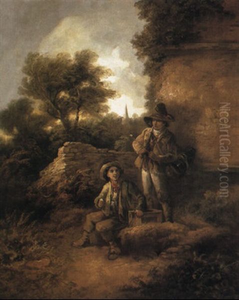 Travelling Boys With Performing Mice, In Landscape Oil Painting by Thomas Barker