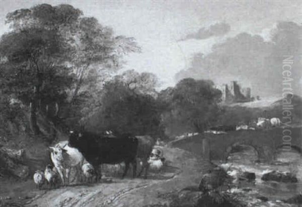 River Landscape With A Drover And His Cattle On A Bridge Oil Painting by Thomas Barker