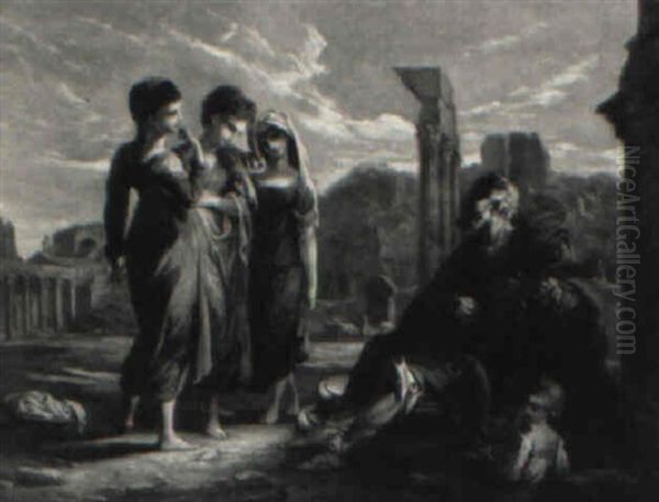 Blind Man Seranading Three Girls In The Roman Forum Oil Painting by Thomas Barker