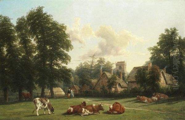 A Pastoral Village Scene Oil Painting by Thomas (of Leamington) Barker